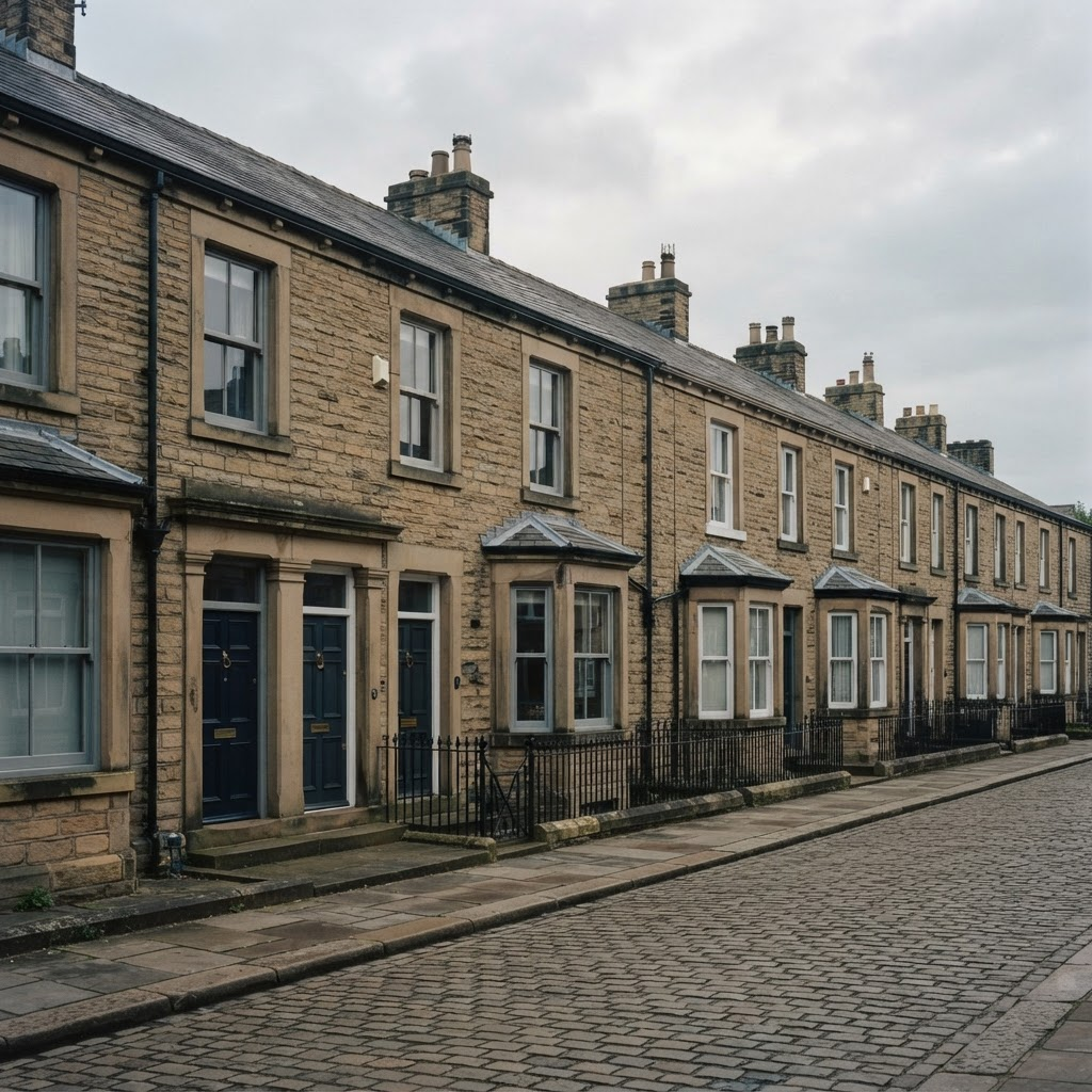 Traditional stone terraced houses in a Lancashire town
